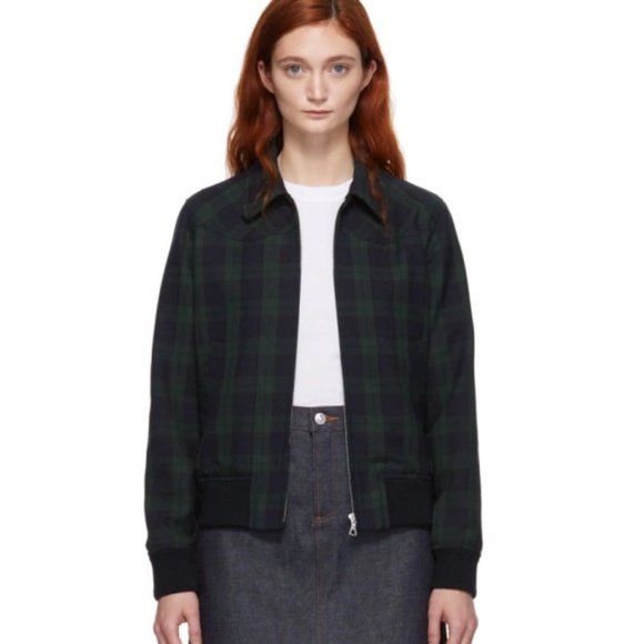 A.P.C. : Plaid Green & Navy Zip-Up Bomber Jacket - Picture 1 of 16
